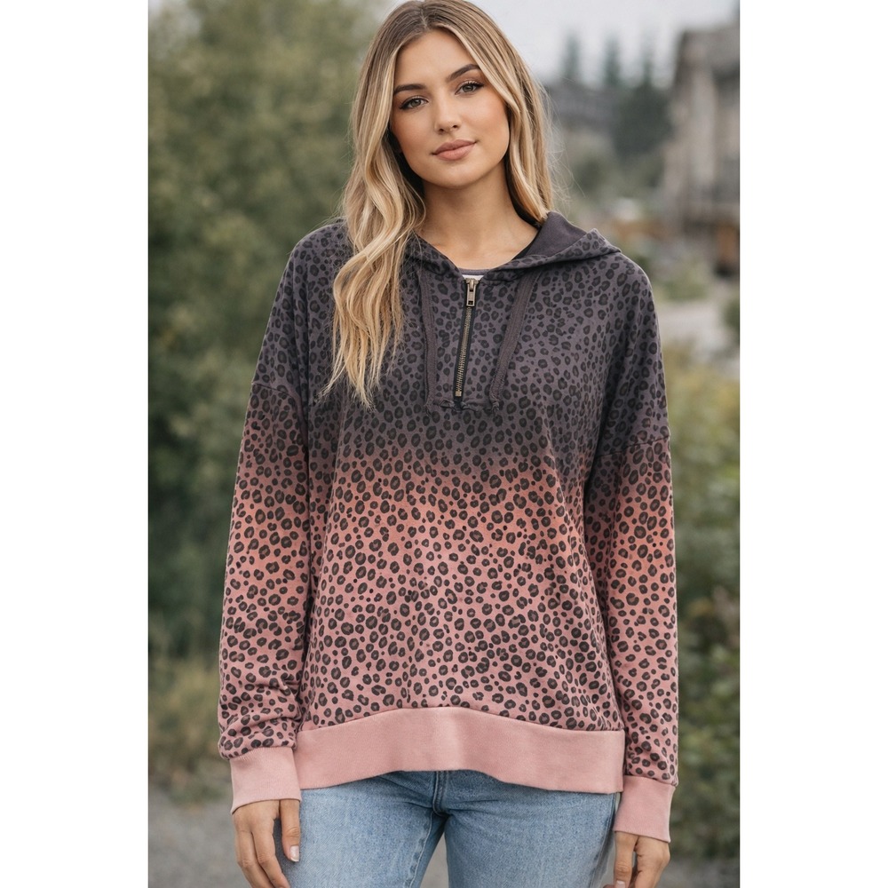 POL Leopard Print Ombre Dye Quarter Zip Tunic Hooded Oversized Sweatshirt Size L